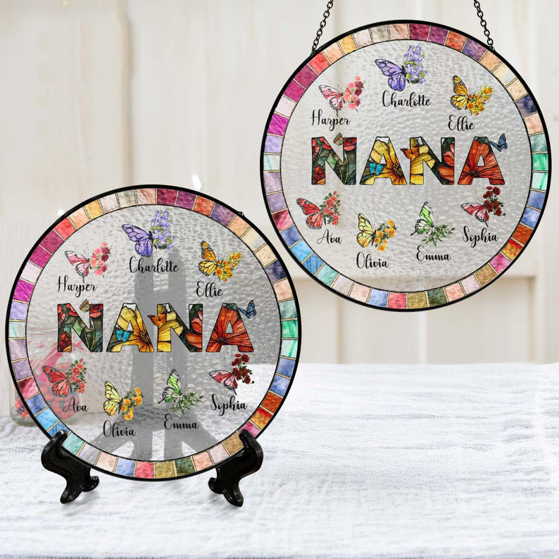 Personalized Nana Glass Suncatcher Custom Butterfly & Birth Month Flower with Grandkids’ Names  Mothers Day Gift