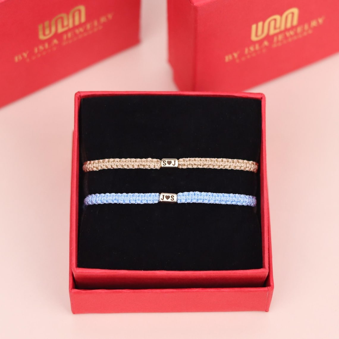 Custom 2 Pieces Initials Engraved Bracelet with Heart Matching Jewelry for Couples Valentine's Day Gift