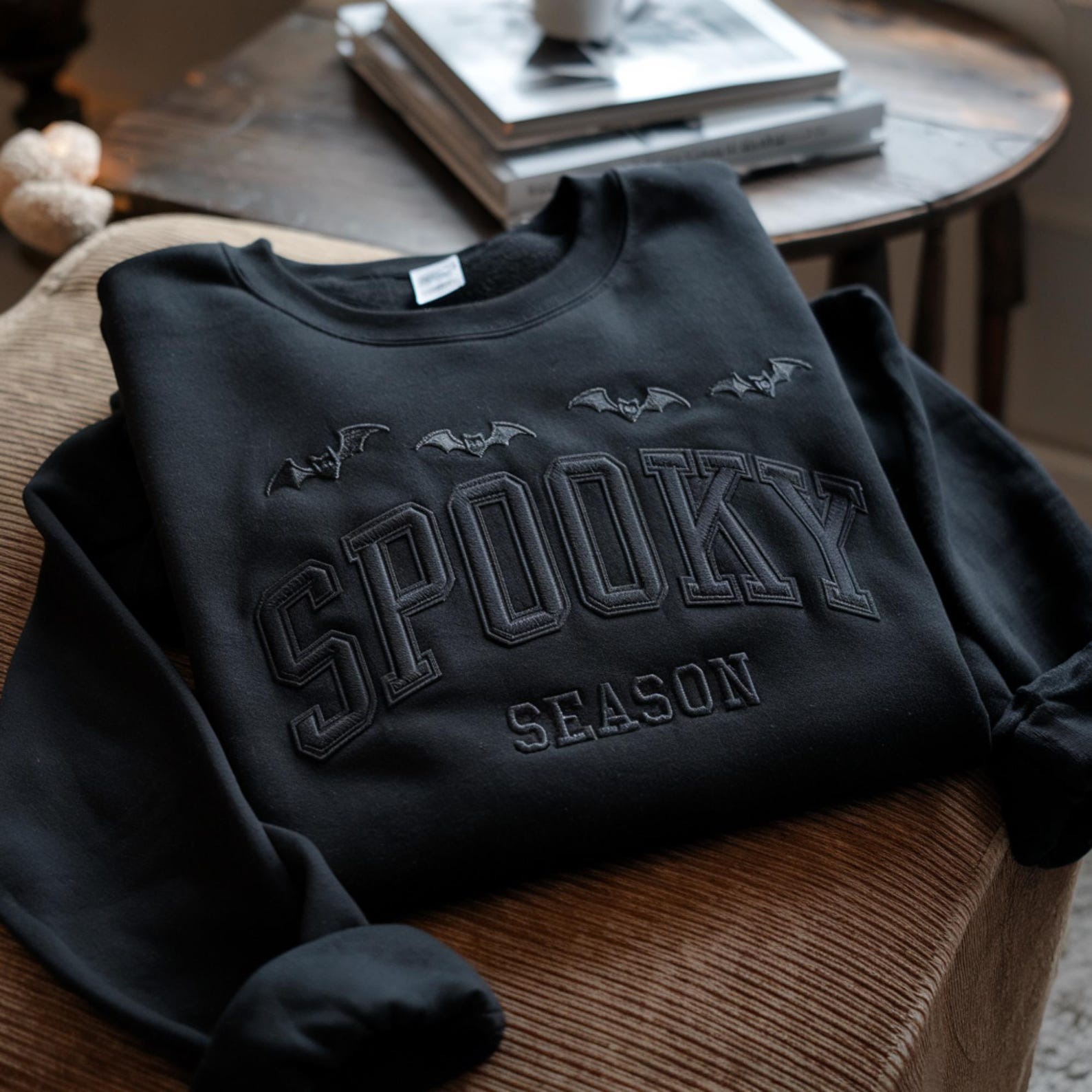 EMBROIDERED SPOOKY SEASON Sweatshirt Halloween Bat Style