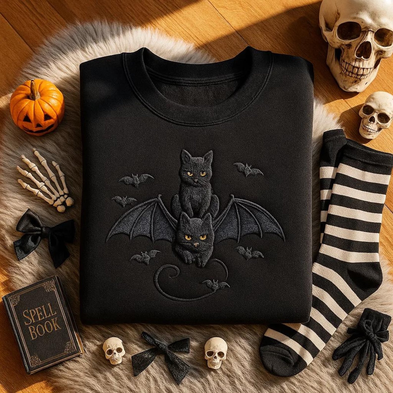 Embroidered Halloween Black Cat Sweatshirt Cat Lover Gift