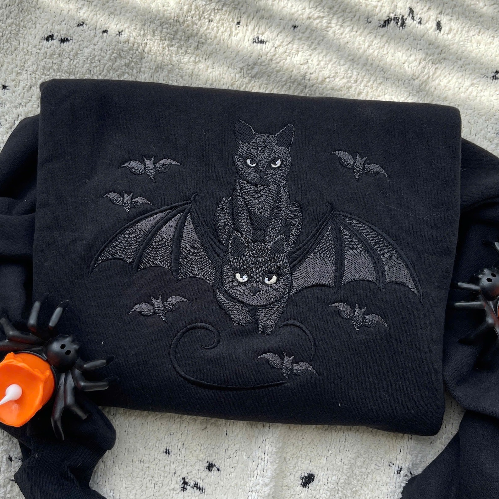 Embroidered Halloween Black Cat Sweatshirt Cat Lover Gift
