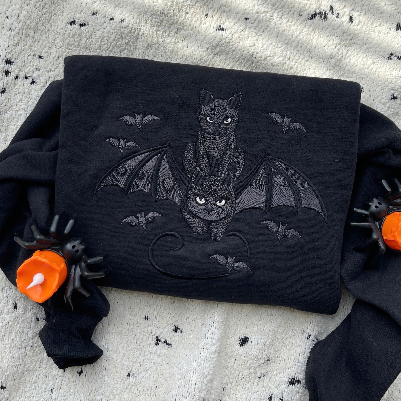Embroidered Halloween Black Cat Sweatshirt Cat Lover Gift