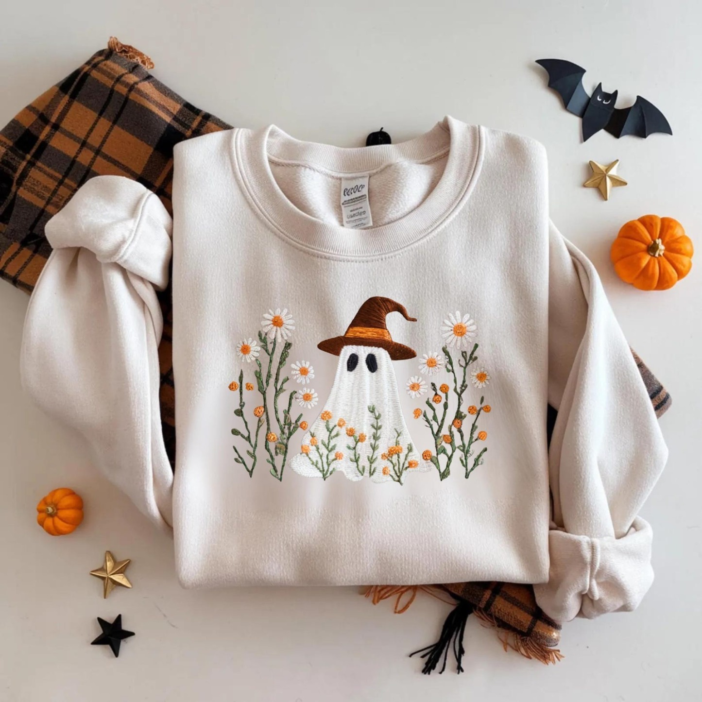 Embroidered Haunted House Crewneck Sweatshirt Cozy Halloween Sweater