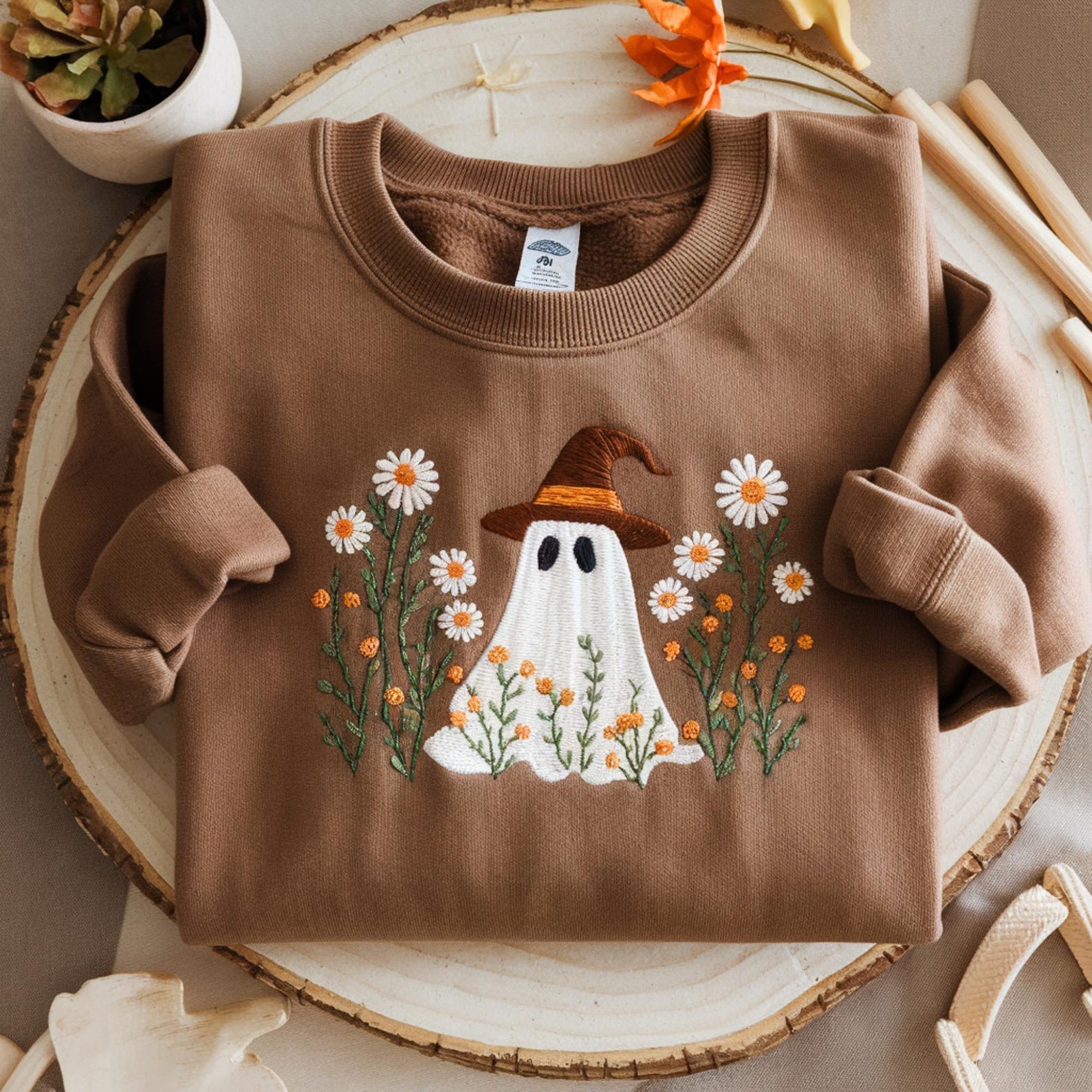 Embroidered Haunted House Crewneck Sweatshirt Cozy Halloween Sweater