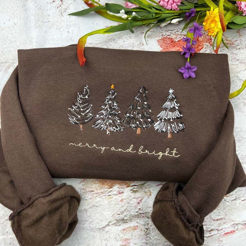 Merry & Bright Christmas Tree Embroidered Crewneck Sweatshirt - 4 Christmas Trees HCMD0364