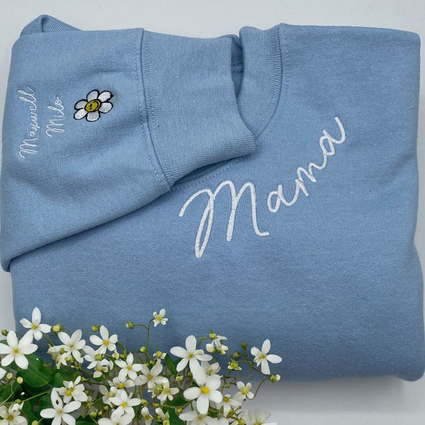 Custom Embroidered Mama Sweatshirt with Kids Name on Sleeve Mothers Day Gift for Mom HCMD0048