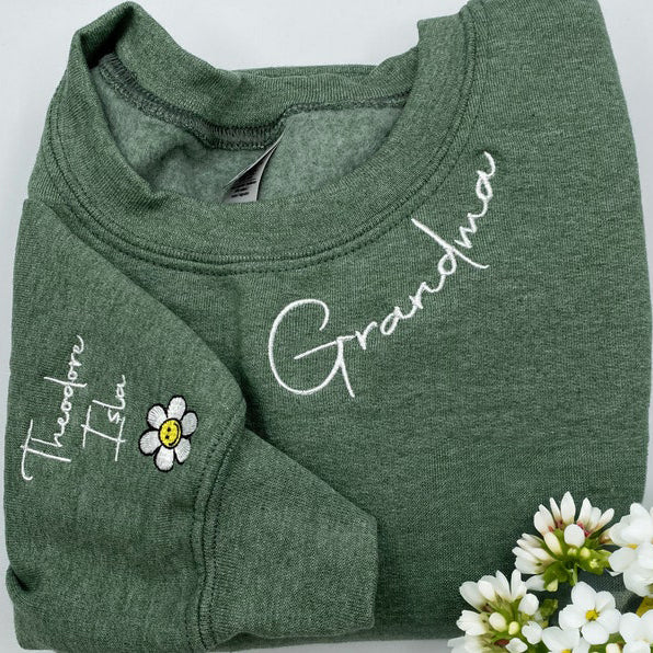 Custom Embroidered Mama Sweatshirt with Kids Name on Sleeve Mothers Day Gift for Mom HCMD0048