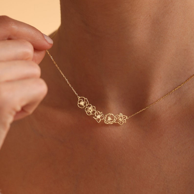 Dainty Birth Flower Necklace Birth Flower Bouquet Necklace Mothers Day Gifts