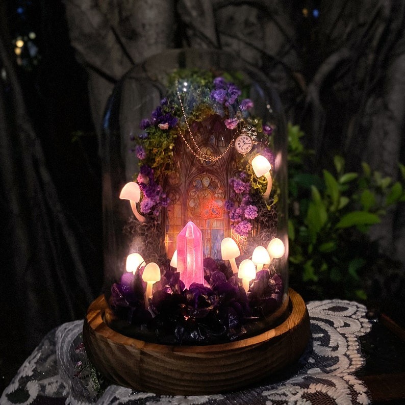 Fairy Tale Pink Mushroom Lamp Handmade Mushroom Night Light with Glowing Crystal FHC51126