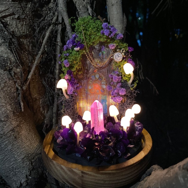 Fairy Tale Pink Mushroom Lamp Handmade Mushroom Night Light with Glowing Crystal FHC51126