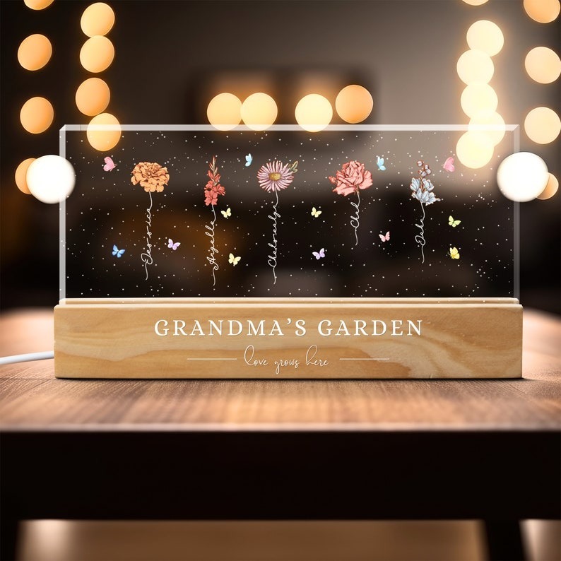 Grandma‘s Garden Birth Month Flowers Personalized Acrylic LED Night Light Mothers Day Gift  FHC51038