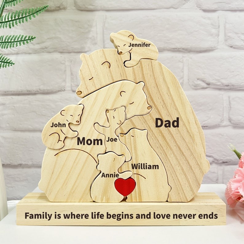 Custom Wooden Bear Family Puzzle-Engraved Family Name Puzzle FHC51021