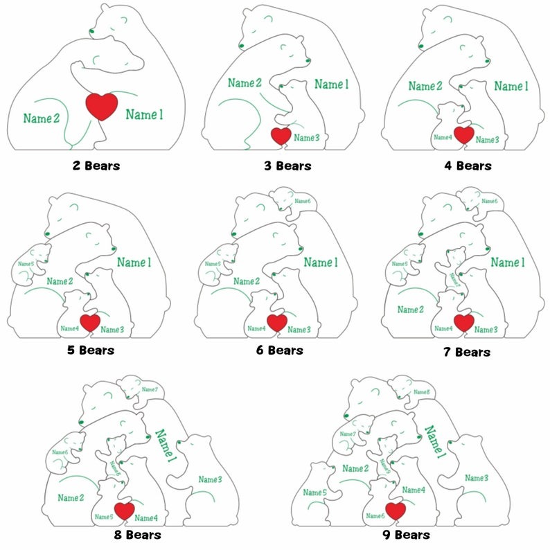 Custom Wooden Bear Family Puzzle-Engraved Family Name Puzzle FHC51021