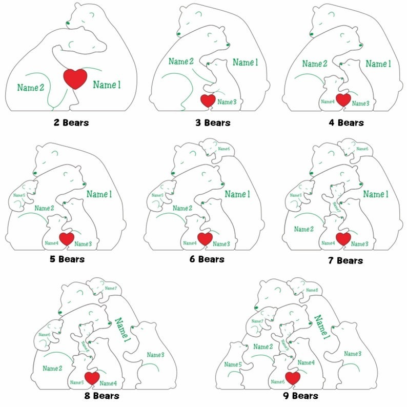 Custom Wooden Bear Family Puzzle-Engraved Family Name Puzzle FHC51021