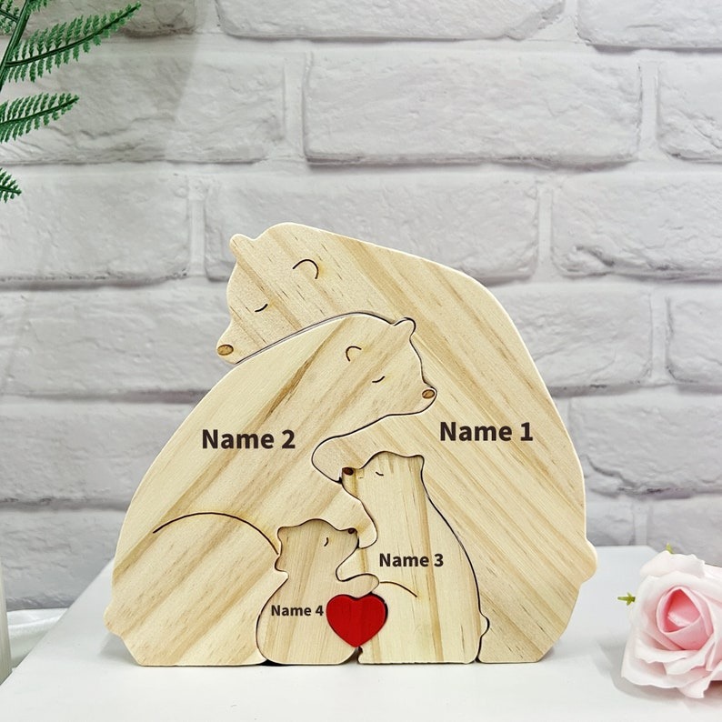 Custom Wooden Bear Family Puzzle-Engraved Family Name Puzzle FHC51021