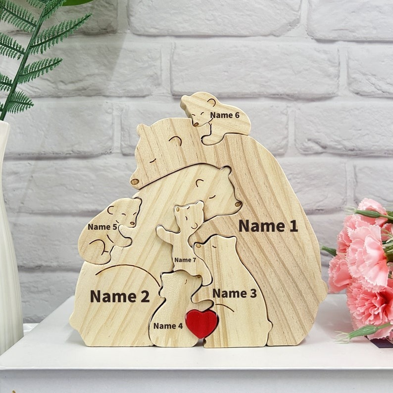 Custom Wooden Bear Family Puzzle-Engraved Family Name Puzzle FHC51021