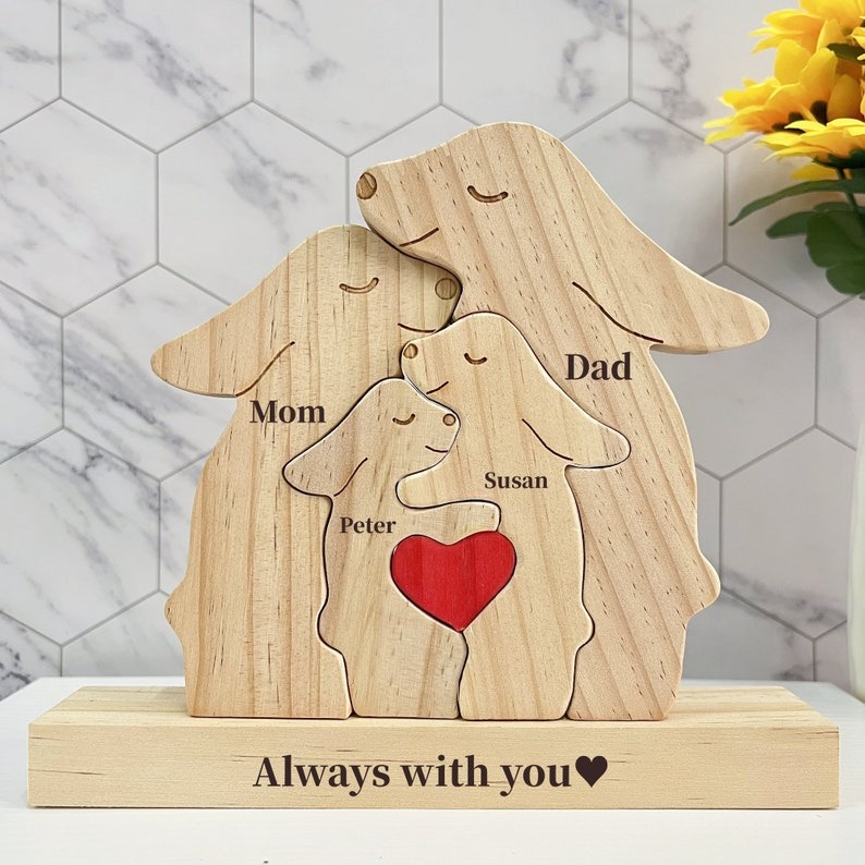 Custom Wooden Bunny Family Puzzle-Engraved Family Name Puzzle FHC51026