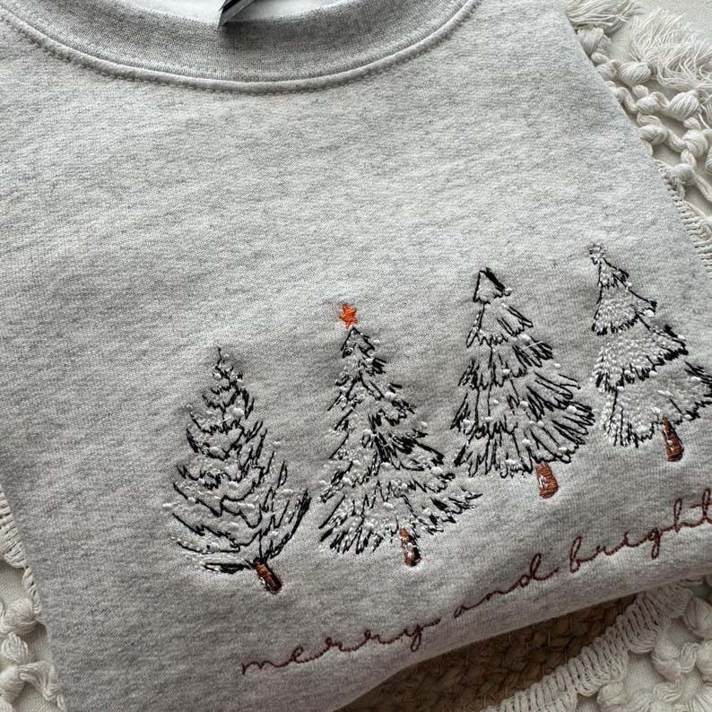Merry & Bright Christmas Tree Embroidered Crewneck Sweatshirt - 4 Christmas Trees HCMD0364