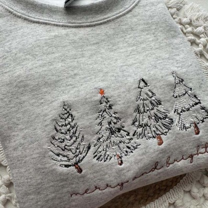 Merry & Bright Christmas Tree Embroidered Crewneck Sweatshirt - 4 Christmas Trees HCMD0364