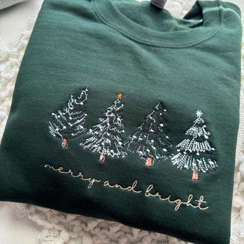 Merry & Bright Christmas Tree Embroidered Crewneck Sweatshirt - 4 Christmas Trees HCMD0364