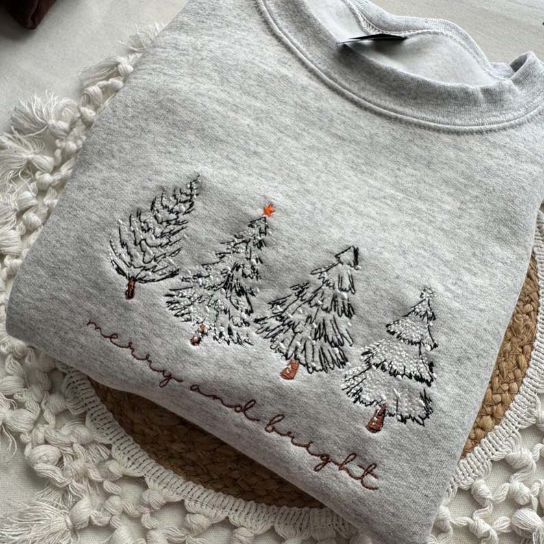 Merry & Bright Christmas Tree Embroidered Crewneck Sweatshirt - 4 Christmas Trees HCMD0364
