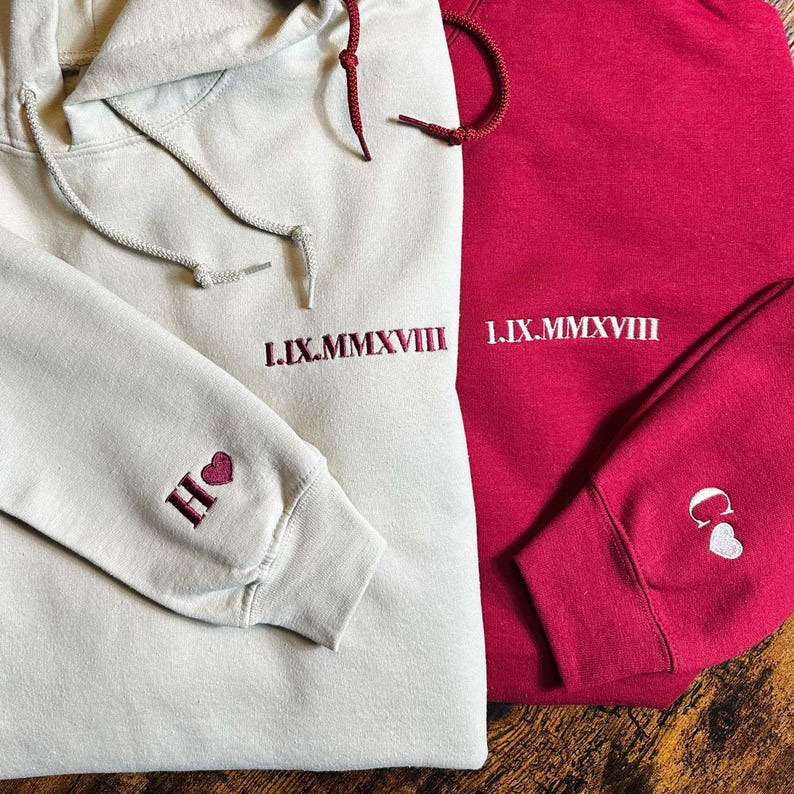 Custom Roman Numerals Date Embroidery Sweatshirt Hoodie with Intimate Phrases on Sleeves FHC51002