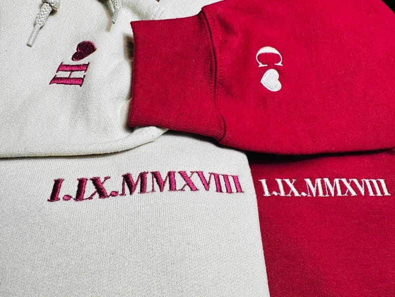 Custom Roman Numerals Date Embroidery Sweatshirt Hoodie with Intimate Phrases on Sleeves FHC51002
