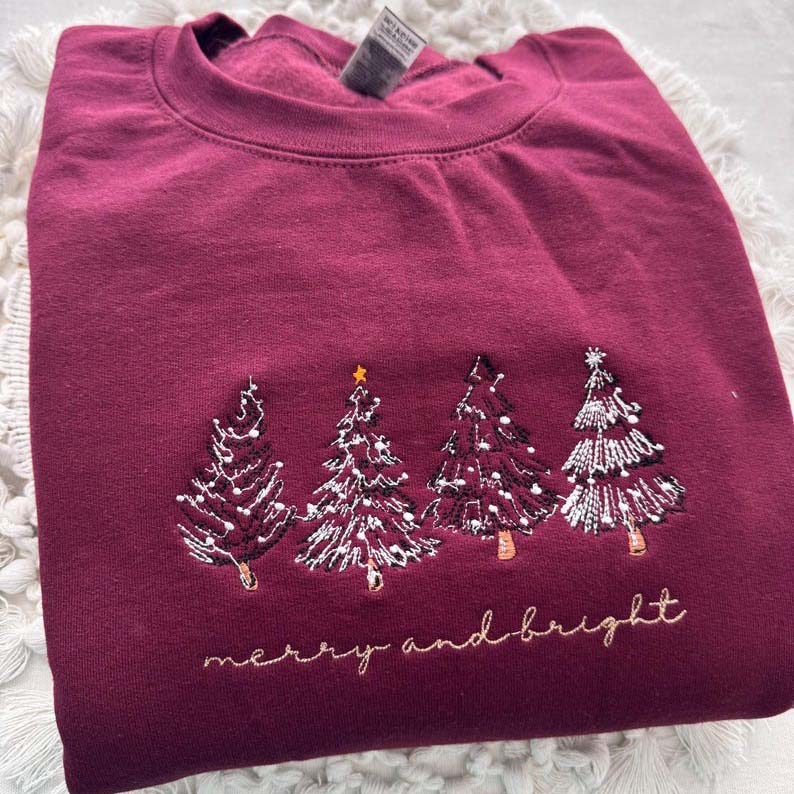 Merry & Bright Christmas Tree Embroidered Crewneck Sweatshirt - 4 Christmas Trees HCMD0364