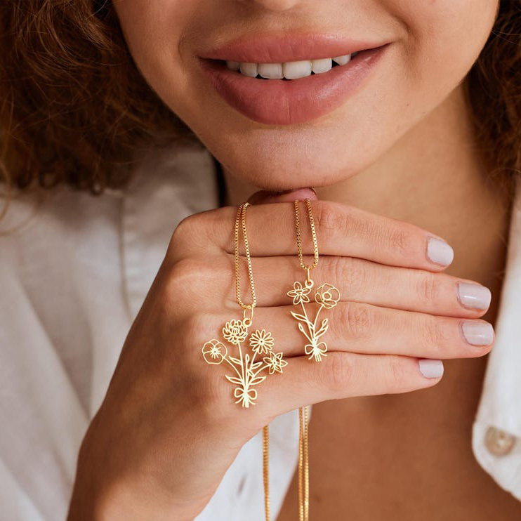 Custom Multiple Birthflower Necklace Floral Bouquet Necklace Mother's Day Gift FHC51074