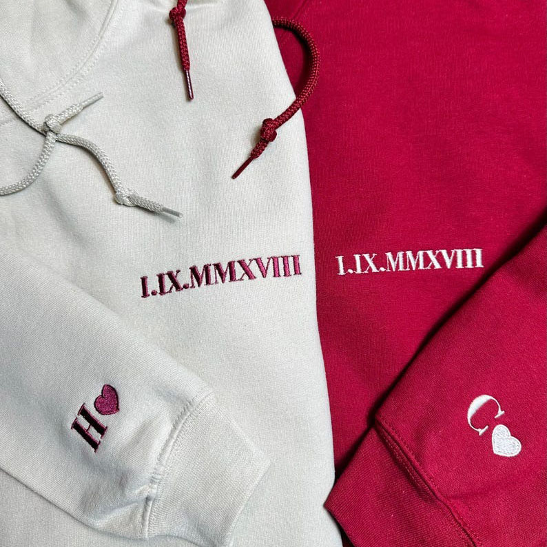 Custom Roman Numerals Date Embroidery Sweatshirt Hoodie with Intimate Phrases on Sleeves FHC51002