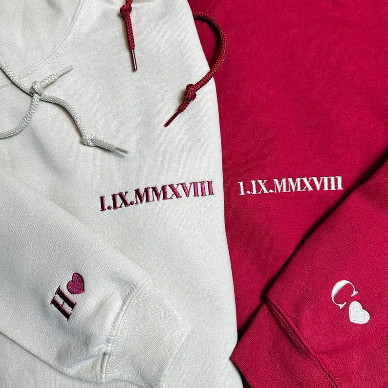 Custom Roman Numerals Date Embroidery Sweatshirt Hoodie with Intimate Phrases on Sleeves FHC51002