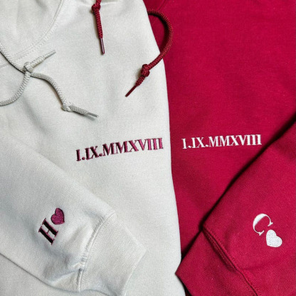 Custom Roman Numerals Date Embroidery Sweatshirt Hoodie with Intimate Phrases on Sleeves FHC51002