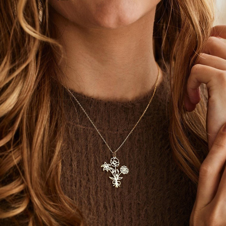 Custom Multiple Birthflower Necklace Floral Bouquet Necklace Mother's Day Gift FHC51074