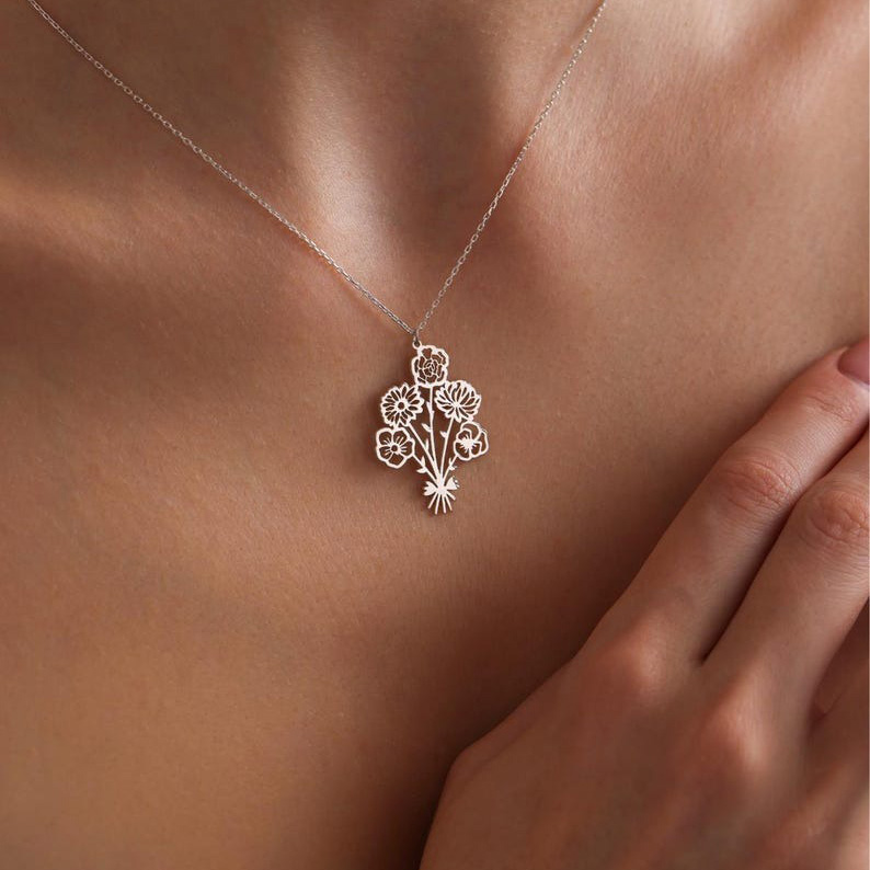 Custom Multiple Birthflower Necklace Floral Bouquet Necklace Mother's Day Gift FHC51074