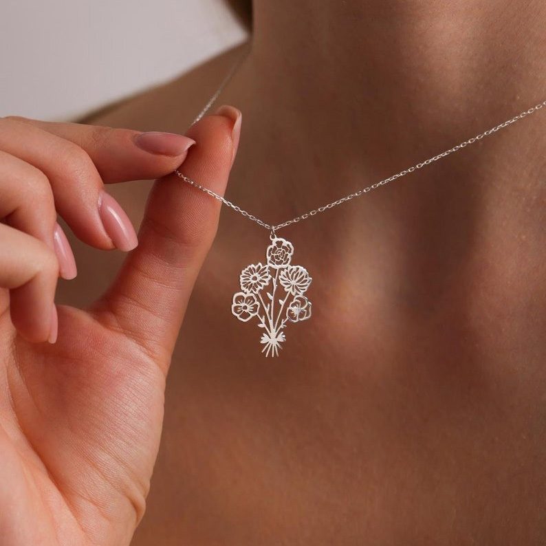 Custom Multiple Birthflower Necklace Floral Bouquet Necklace Mother's Day Gift FHC51074