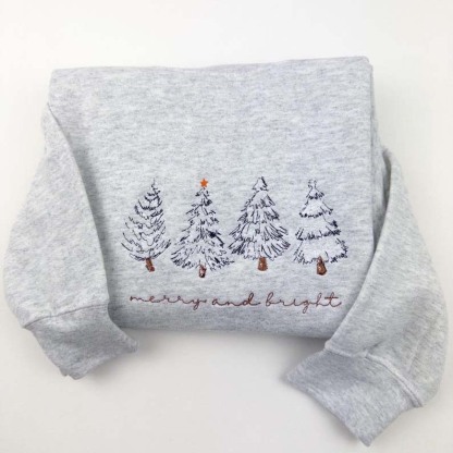 Merry & Bright Christmas Tree Embroidered Crewneck Sweatshirt - 4 Christmas Trees HCMD0364