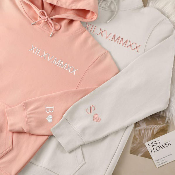 Custom Roman Numerals Date Embroidery Sweatshirt Hoodie with Intimate Phrases on Sleeves FHC51002
