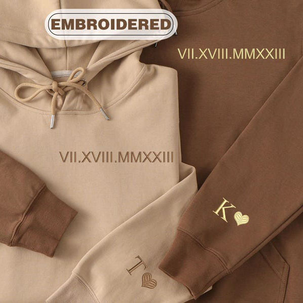 Custom Roman Numerals Date Embroidery Sweatshirt Hoodie with Intimate Phrases on Sleeves FHC51002