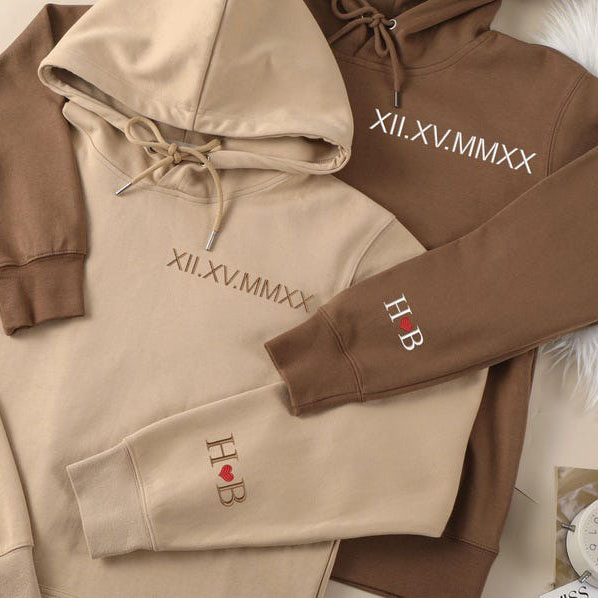 Custom Roman Numerals Date Embroidery Sweatshirt Hoodie with Intimate Phrases on Sleeves FHC51002