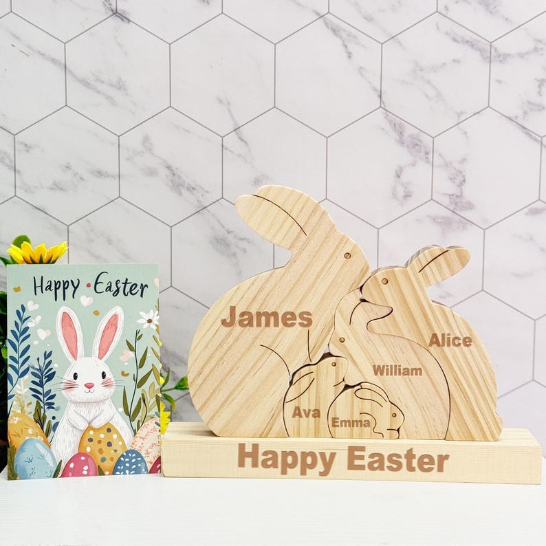 Custom Wooden Bunny Family Name Puzzle Wodden Bunny Decor FHC51024