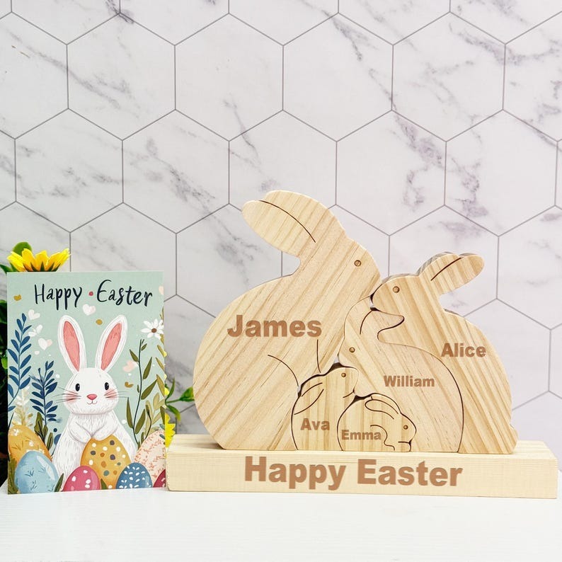 Custom Wooden Bunny Family Name Puzzle Wodden Bunny Decor FHC51024