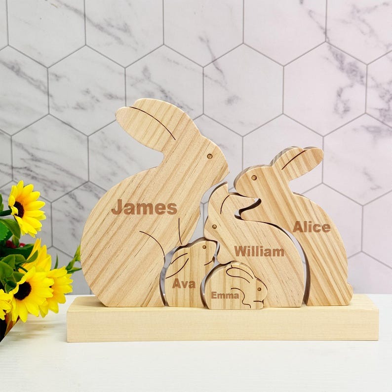 Custom Wooden Bunny Family Name Puzzle Wodden Bunny Decor FHC51024