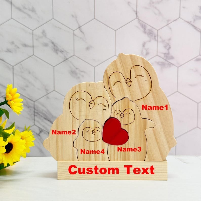 Custom Wooden Penguin Family Puzzle Engraved Family Name Puzzle Mother's Day Gift FHC51023