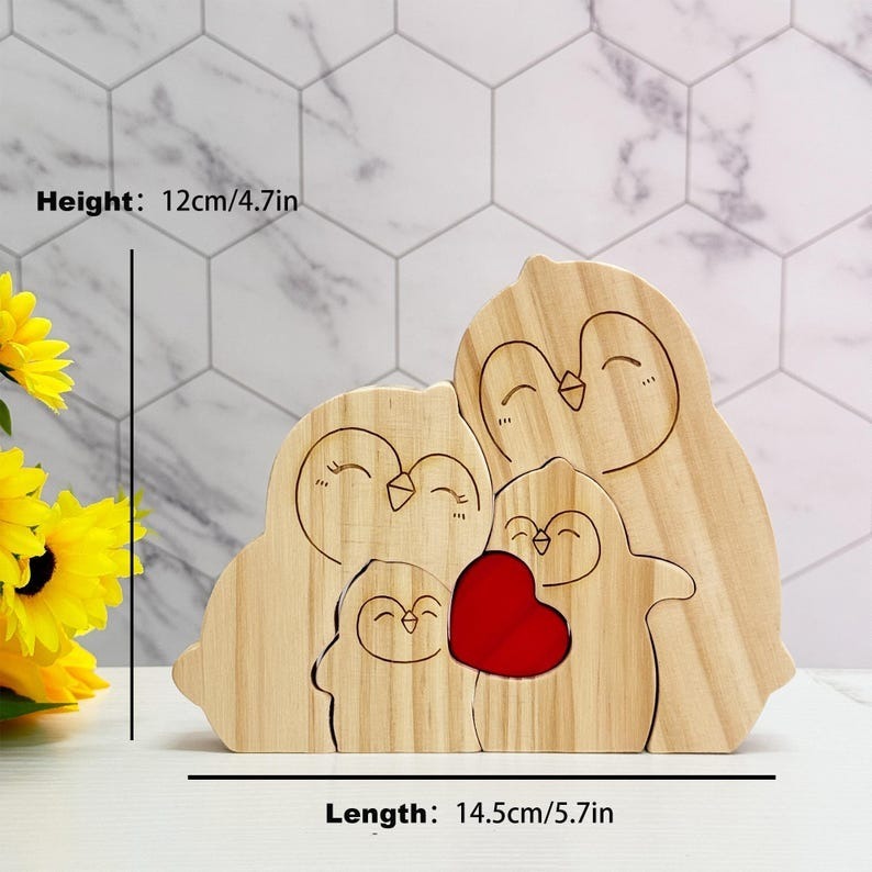 Custom Wooden Penguin Family Puzzle Engraved Family Name Puzzle Mother's Day Gift FHC51023