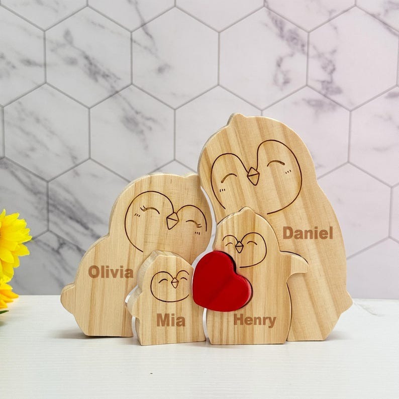 Custom Wooden Penguin Family Puzzle Engraved Family Name Puzzle Mother's Day Gift FHC51023