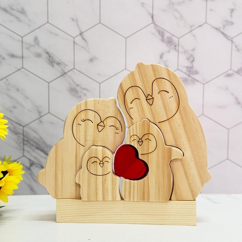 Custom Wooden Penguin Family Puzzle Engraved Family Name Puzzle Mother's Day Gift FHC51023
