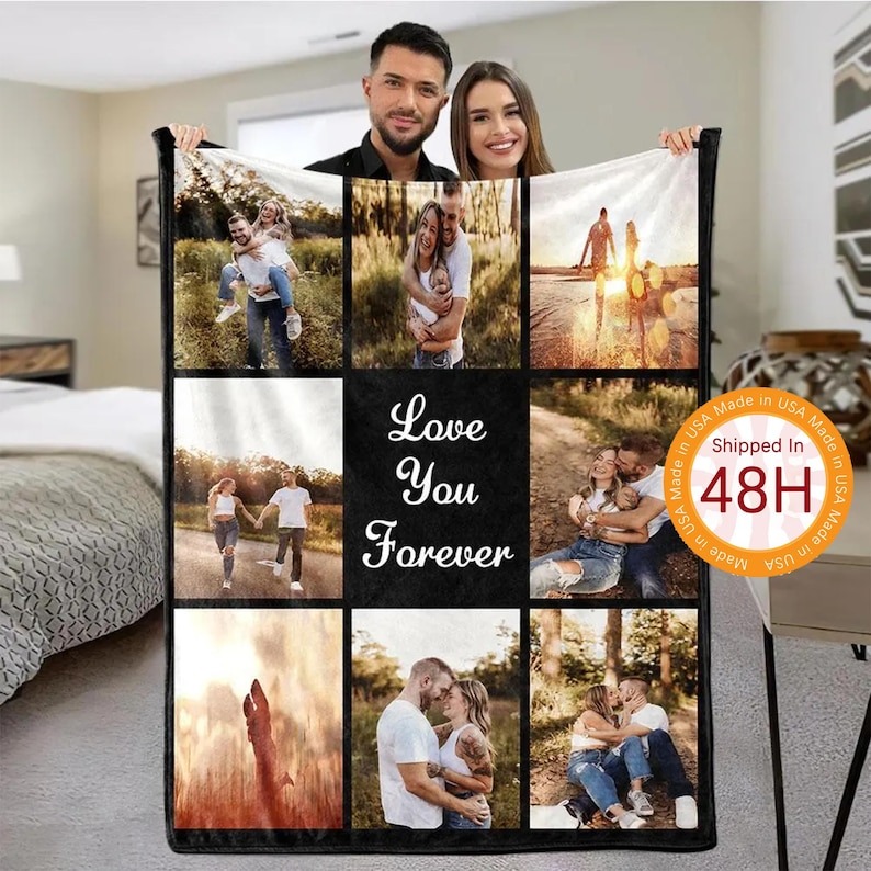 Personalized Photo Collage Blankets for Adults with Text Christmas Gift