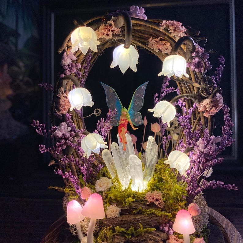 Handmade Flower Lamp with Glowing Crystals & Fairy Lily of the Valley Night Light FHC51127