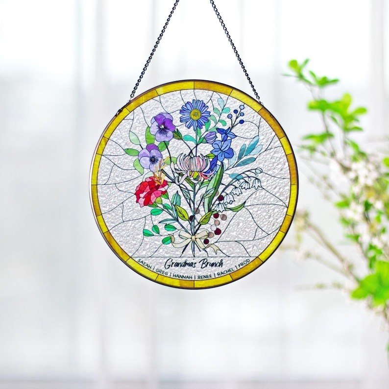 Personalized Stained Glass Window Hangings Personalized Birth Flower Gift Mothers Day Christmas Gift  FHC51141
