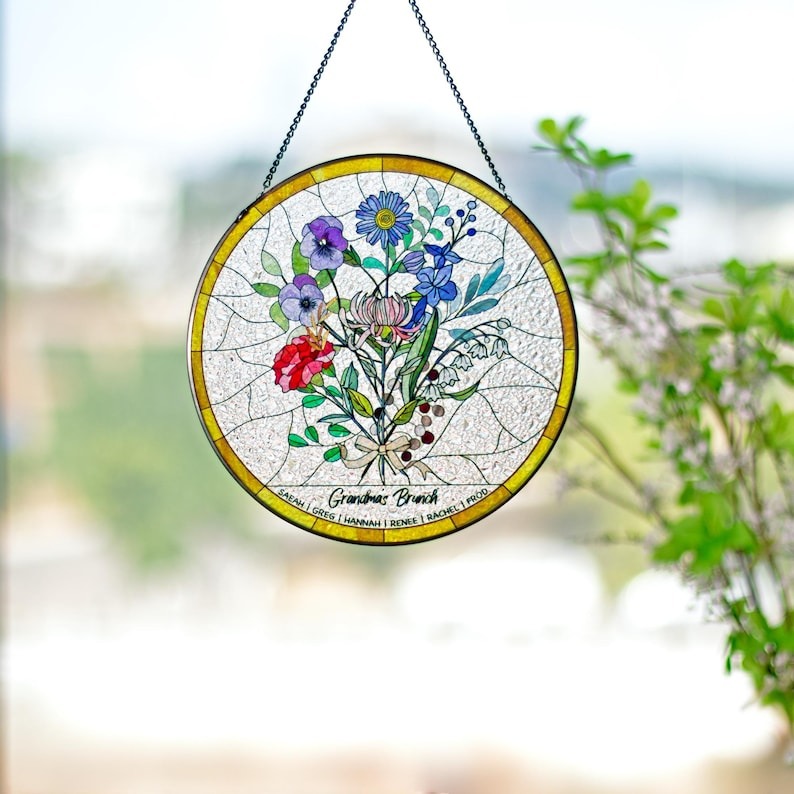 Personalized Stained Glass Window Hangings Personalized Birth Flower Gift Mothers Day Christmas Gift  FHC51141